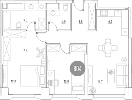 Планировка — ВЭРИ на Ботанической, 3-комн., 77 м²