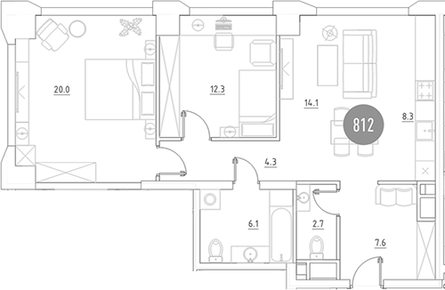 Планировка — ВЭРИ на Ботанической, 3-комн., 75 м²