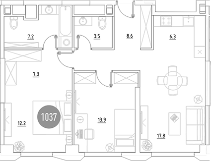 Планировка — ВЭРИ на Ботанической, 3-комн., 77 м²