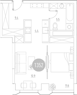 Планировка — ВЭРИ на Ботанической, 2-комн., 44 м²