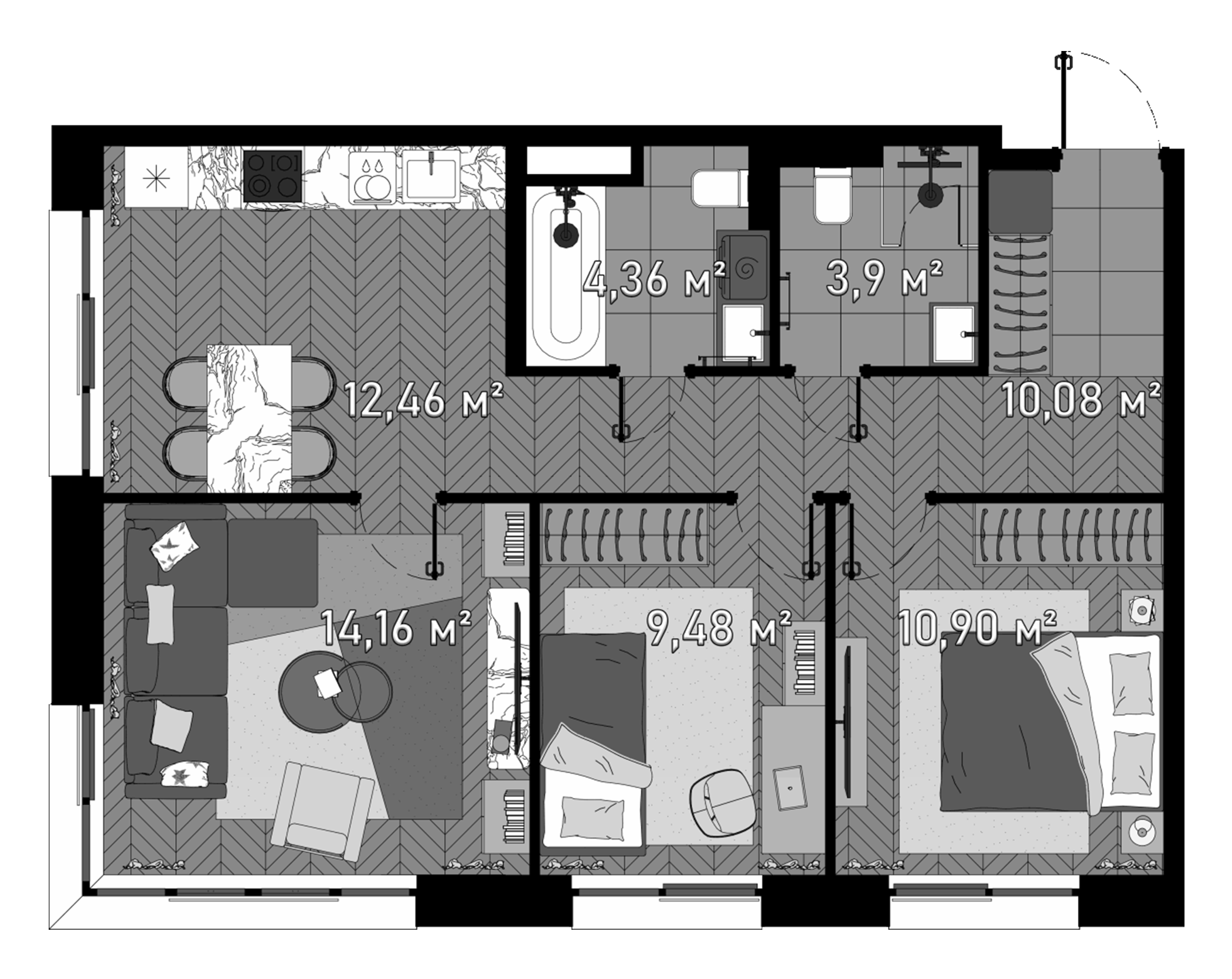Планировка — Зорге, 9, 3-комн., 68 м²