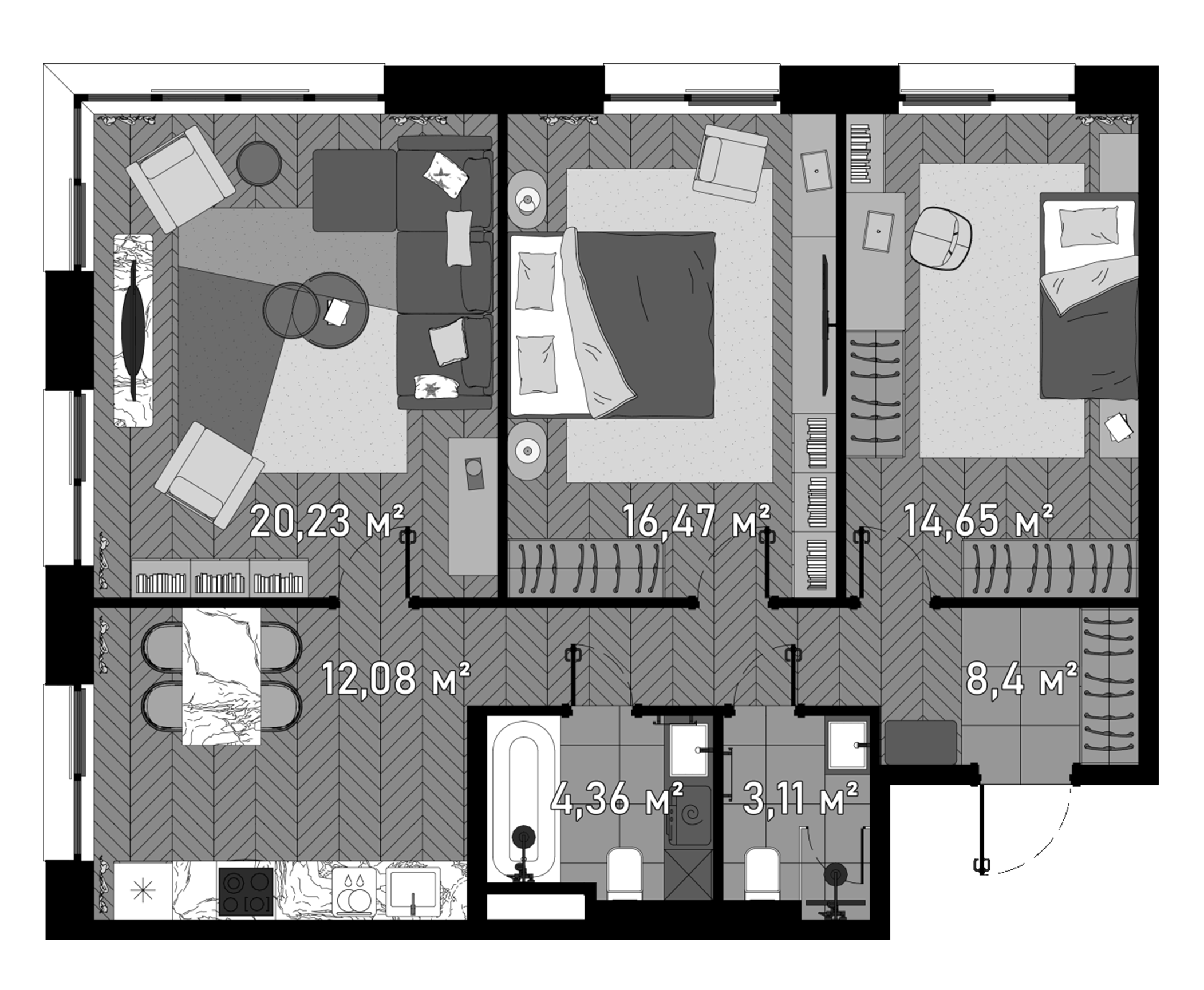 Планировка — Зорге, 9, 3-комн., 82 м²