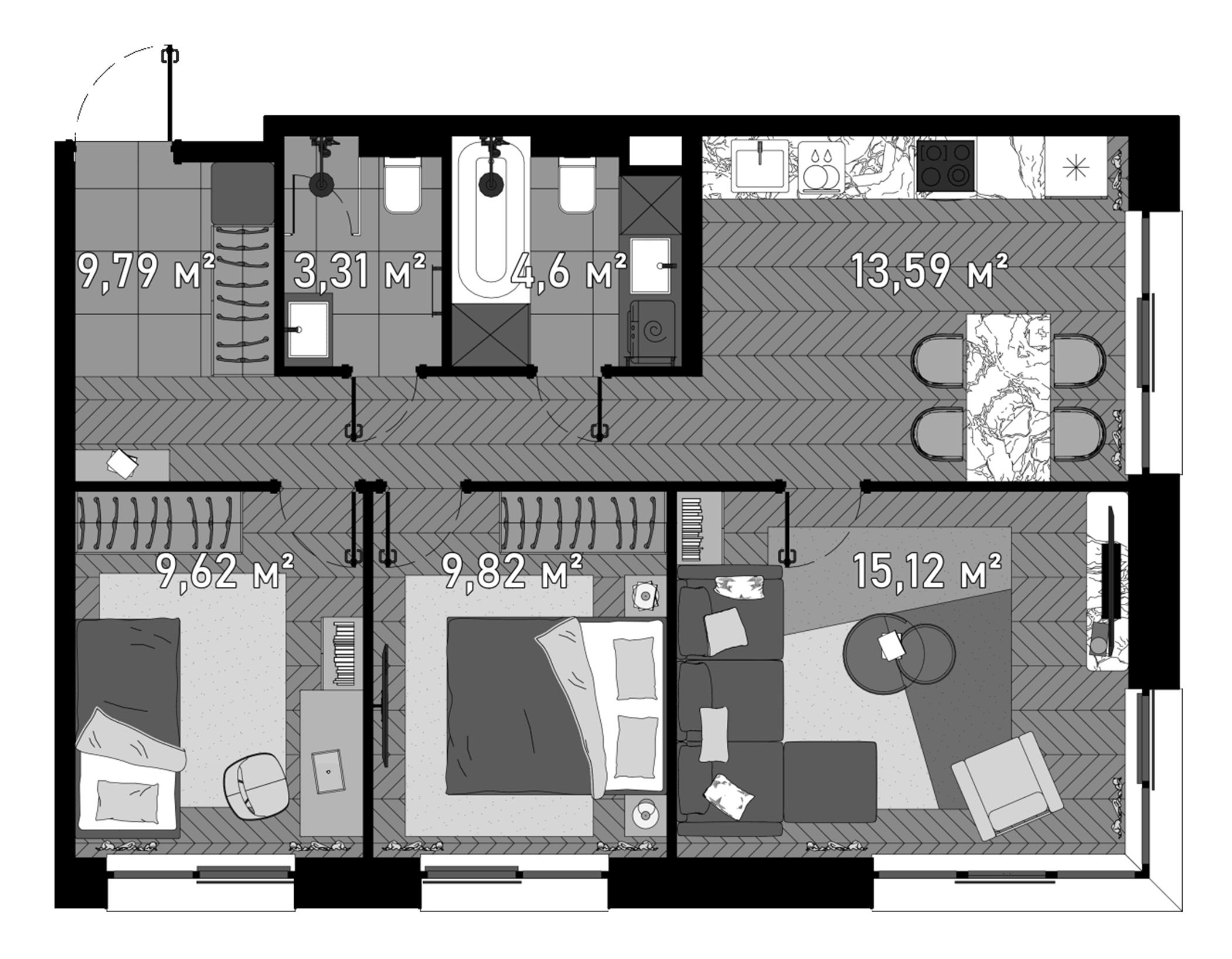 Планировка — Зорге, 9, 3-комн., 67 м²