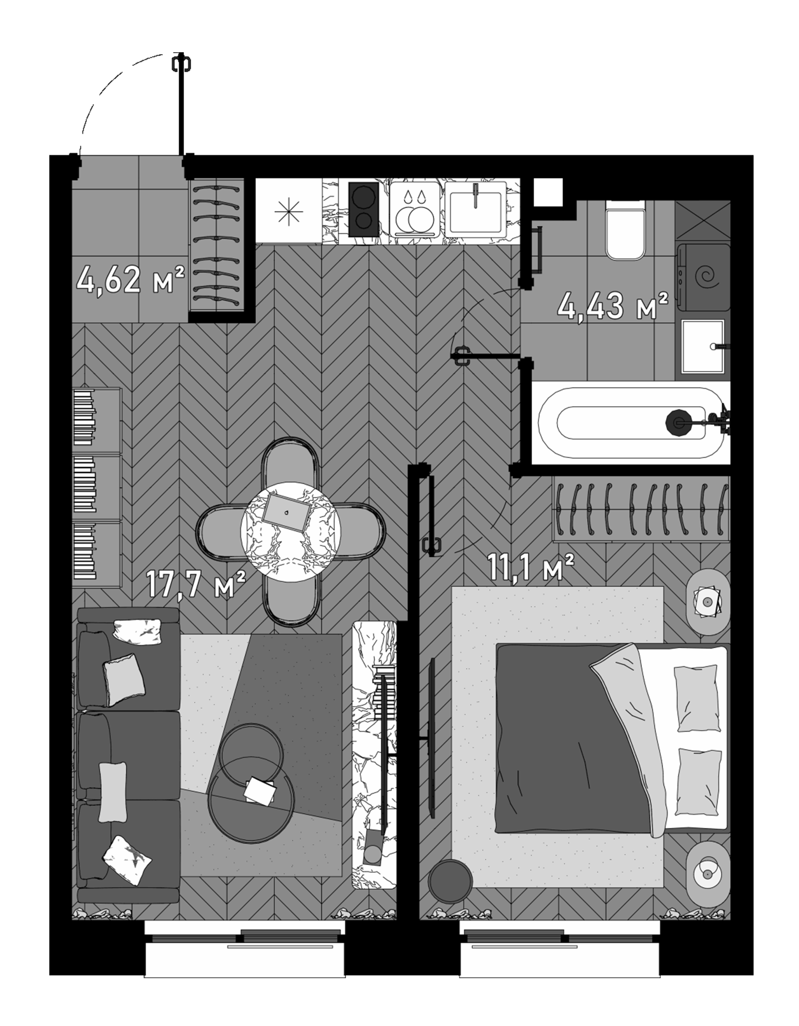 Планировка — Зорге, 9, 2-комн., 39 м²