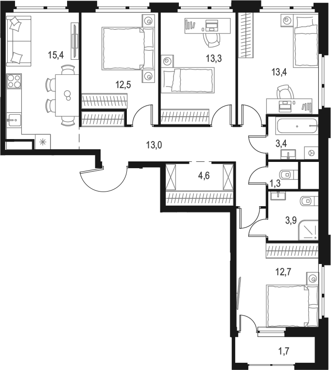 Планировка — Левел Лесной, 4-комн., 94 м²