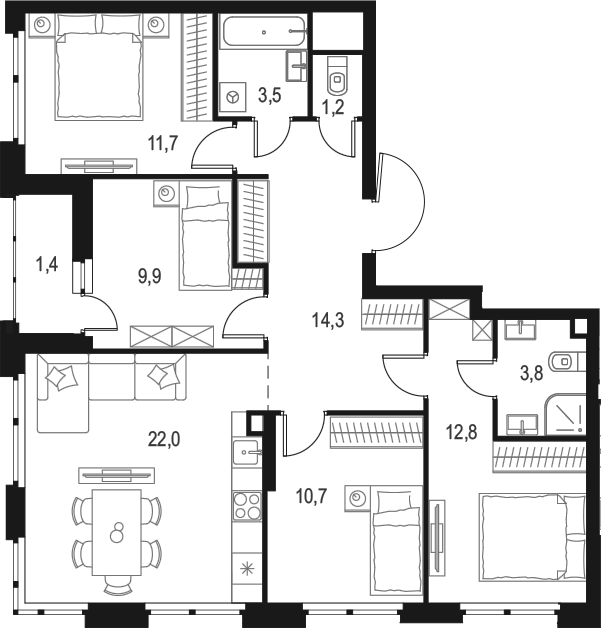 Планировка — Левел Лесной, 4-комн., 90 м²