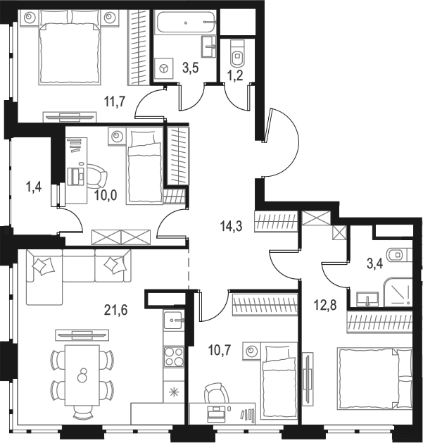 Планировка — Левел Лесной, 4-комн., 89 м²