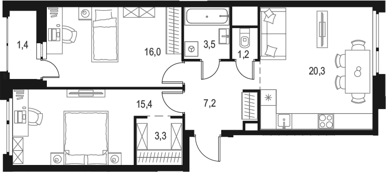 Планировка — Левел Лесной, 2-комн., 67 м²