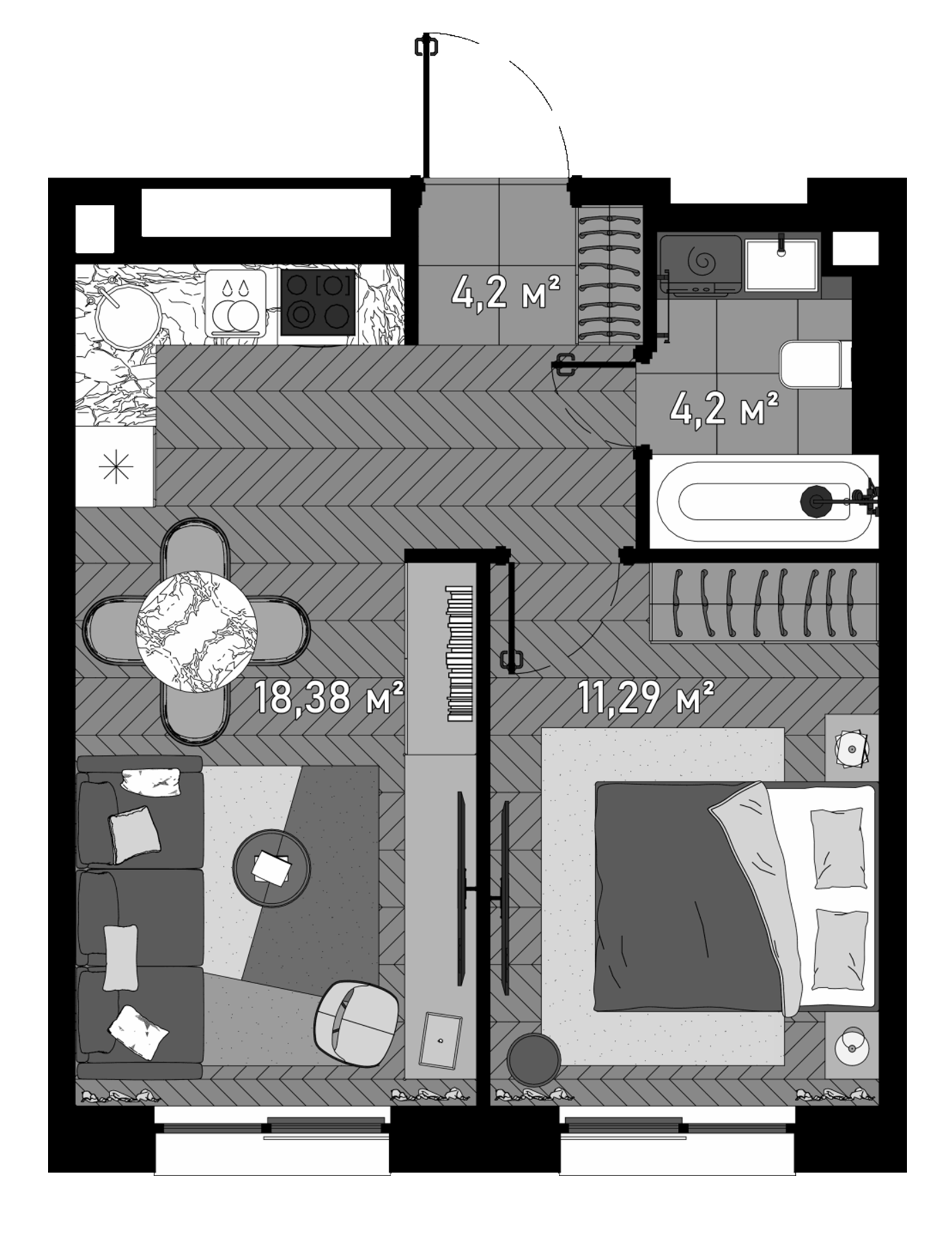 Планировка — Зорге, 9, 2-комн., 38 м²