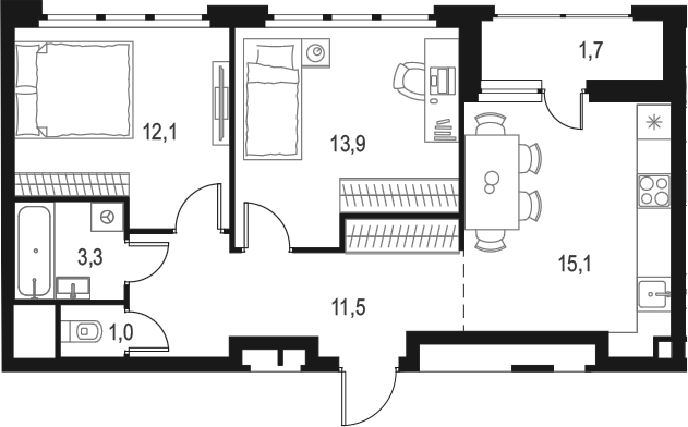 Планировка — Левел Лесной, 2-комн., 57 м²