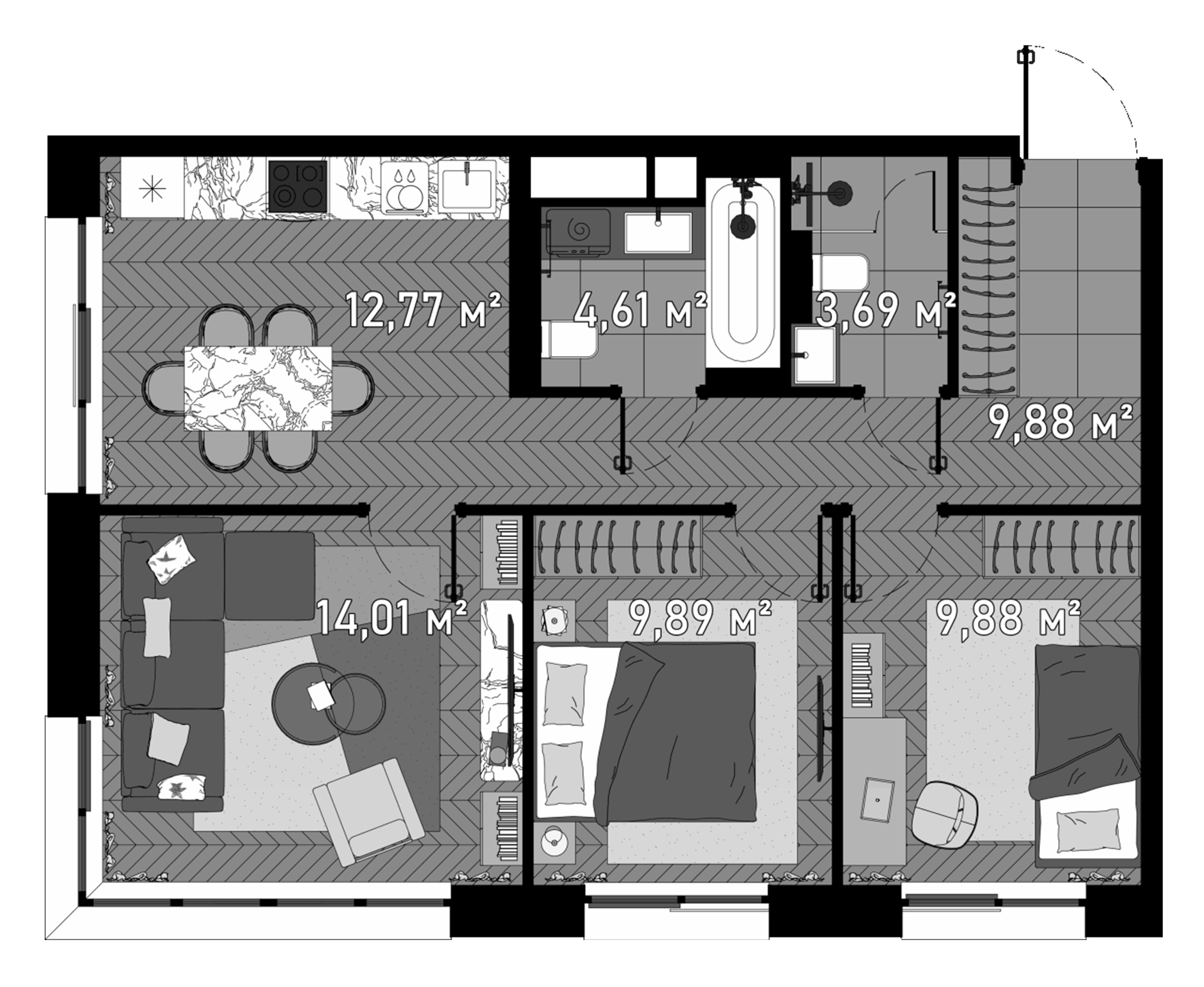 Планировка — Зорге, 9, 3-комн., 66 м²