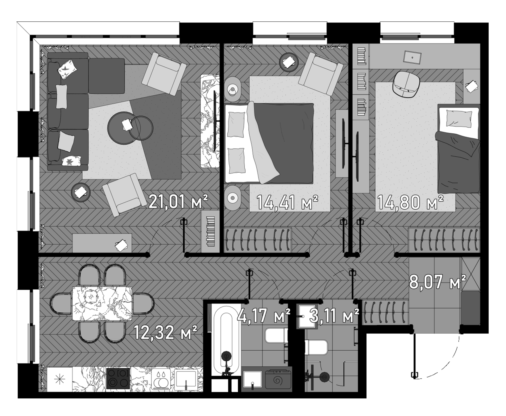 Планировка — Зорге, 9, 3-комн., 80 м²