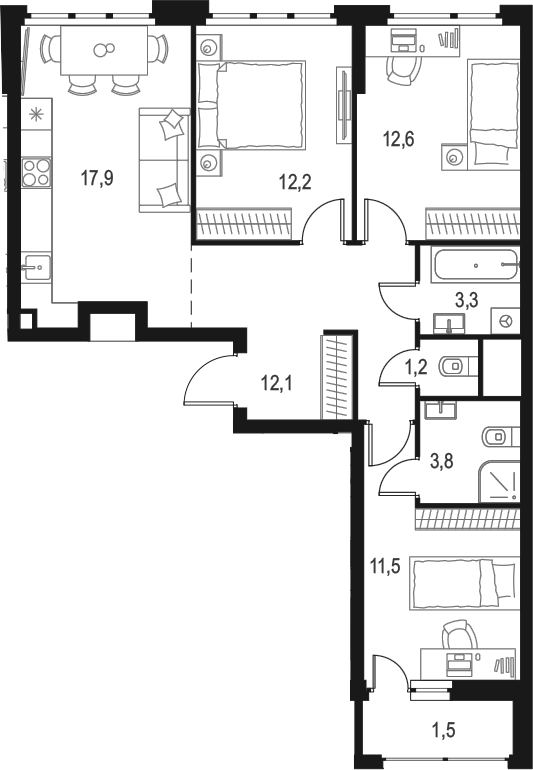 Планировка — Левел Лесной, 4-комн., 75 м²