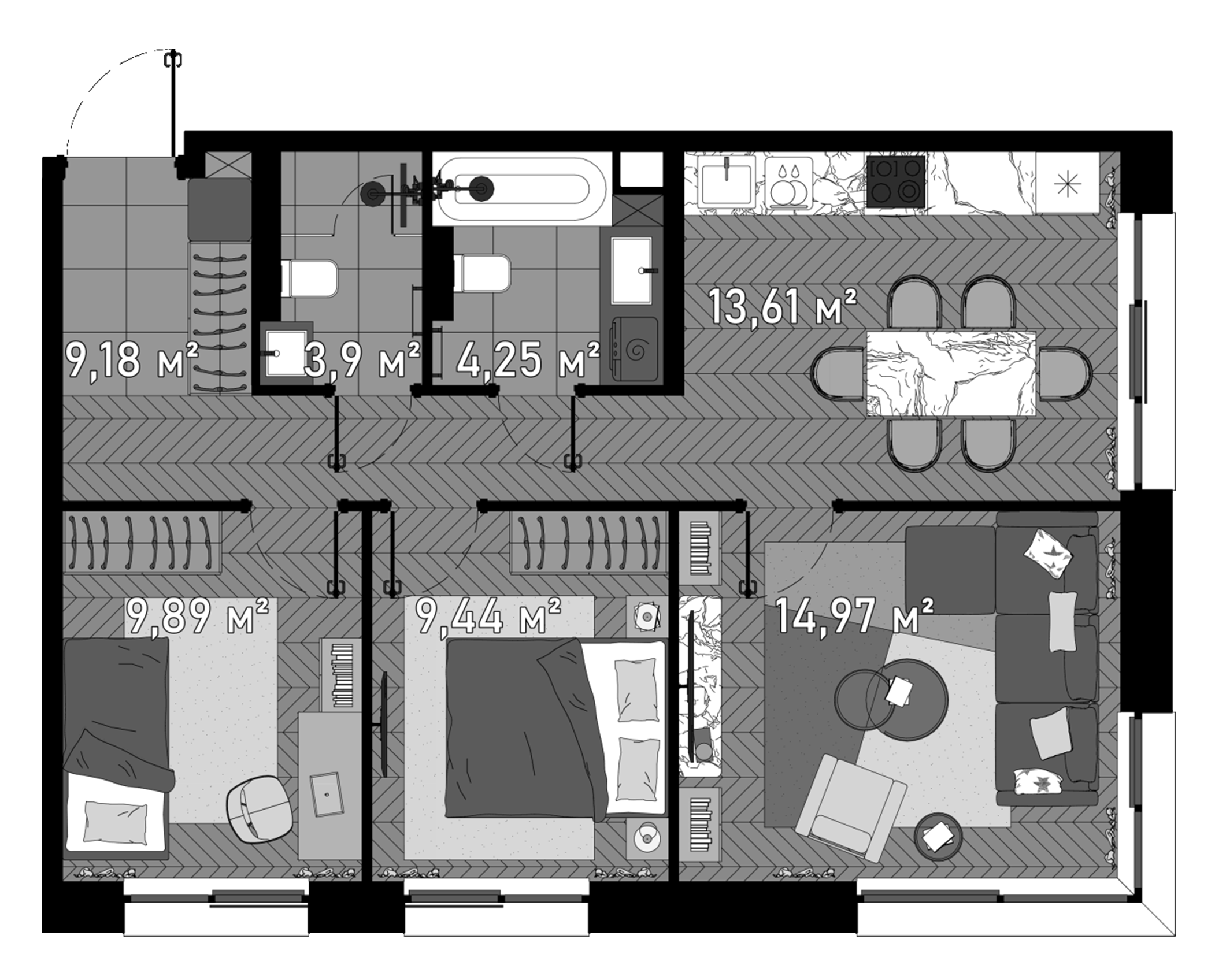 Планировка — Зорге, 9, 3-комн., 68 м²