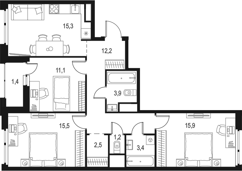 Планировка — Левел Лесной, 3-комн., 81 м²
