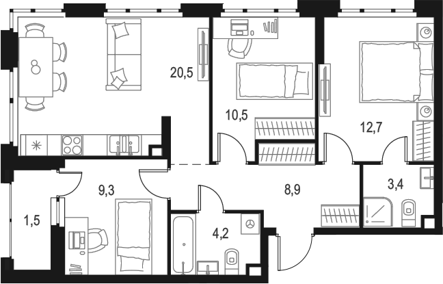 Планировка — Левел Лесной, 3-комн., 70 м²