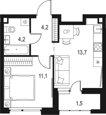 Планировка — Левел Лесной, 1-комн., 33 м²