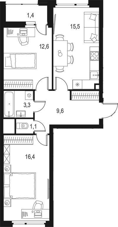 Планировка — Левел Лесной, 2-комн., 59 м²