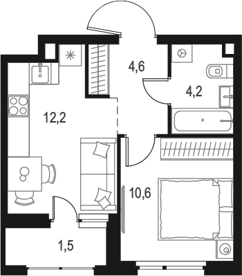 Планировка — Левел Лесной, 1-комн., 32 м²