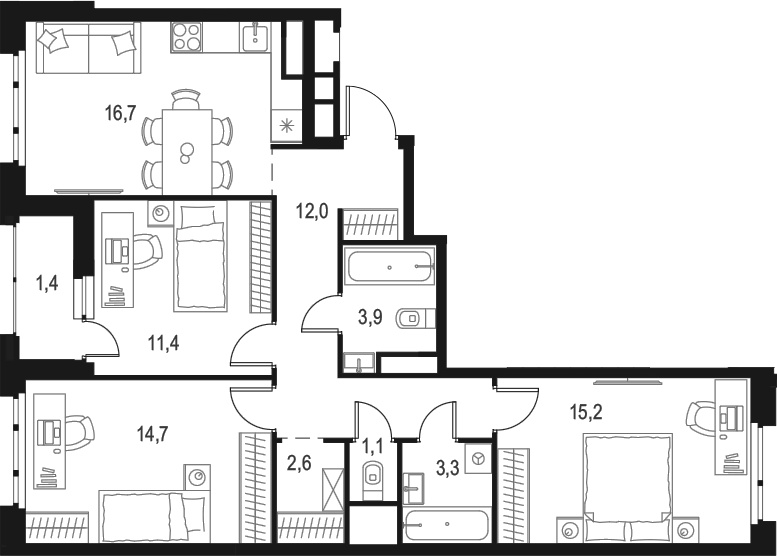 Планировка — Левел Лесной, 4-комн., 81 м²