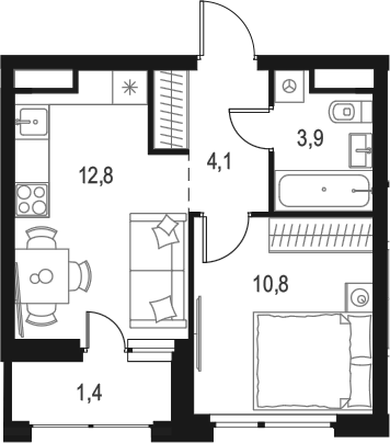 Планировка — Левел Лесной, 1-комн., 32 м²