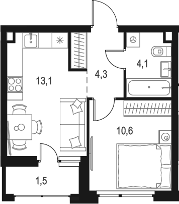 Планировка — Левел Лесной, 1-комн., 32 м²