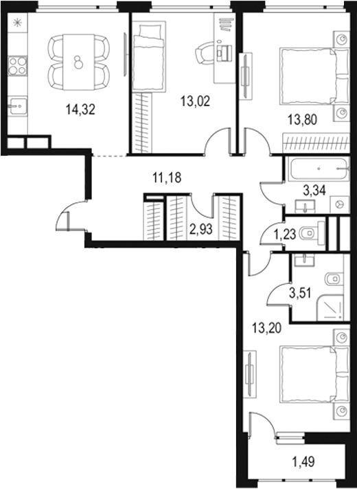 Планировка — Левел Лесной, 4-комн., 77 м²