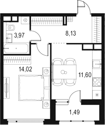 Планировка — Левел Лесной, 1-комн., 38 м²