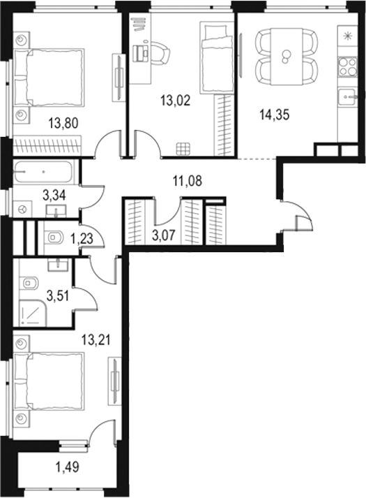 Планировка — Левел Лесной, 3-комн., 78 м²