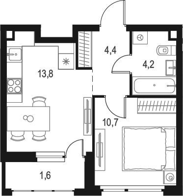 Планировка — Левел Лесной, 1-комн., 33 м²