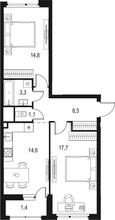 Планировка — Левел Лесной, 2-комн., 60 м²