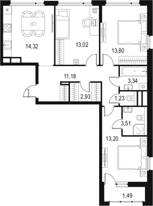 Планировка — Левел Лесной, 3-комн., 77 м²