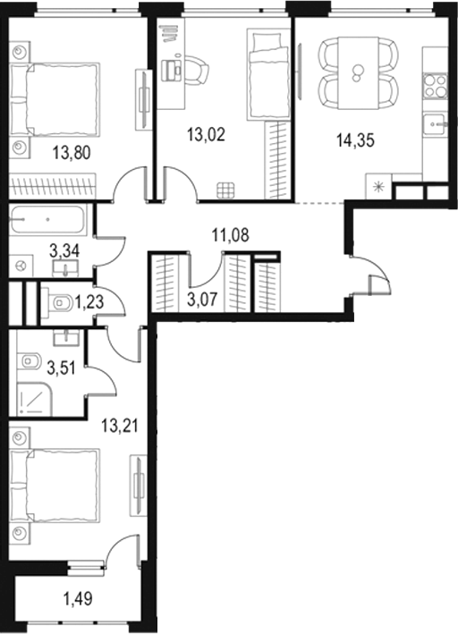Планировка — Левел Лесной, 3-комн., 77 м²