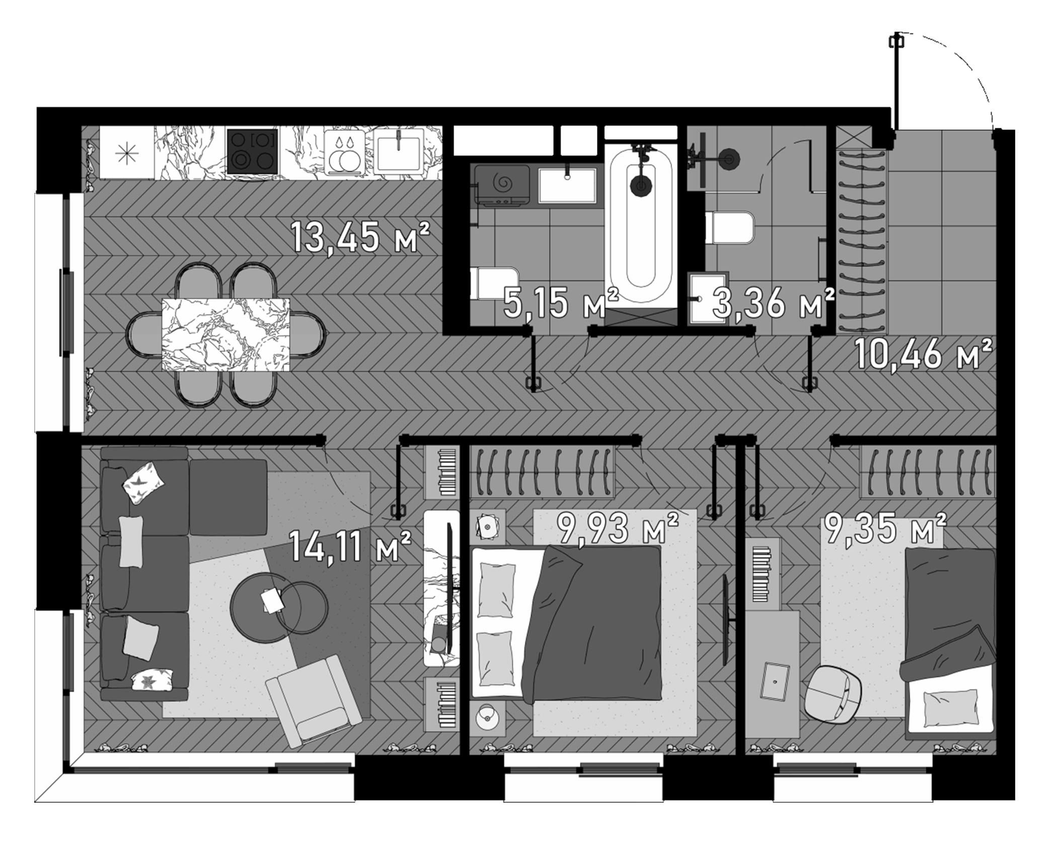 Планировка — Зорге, 9, 3-комн., 67 м²