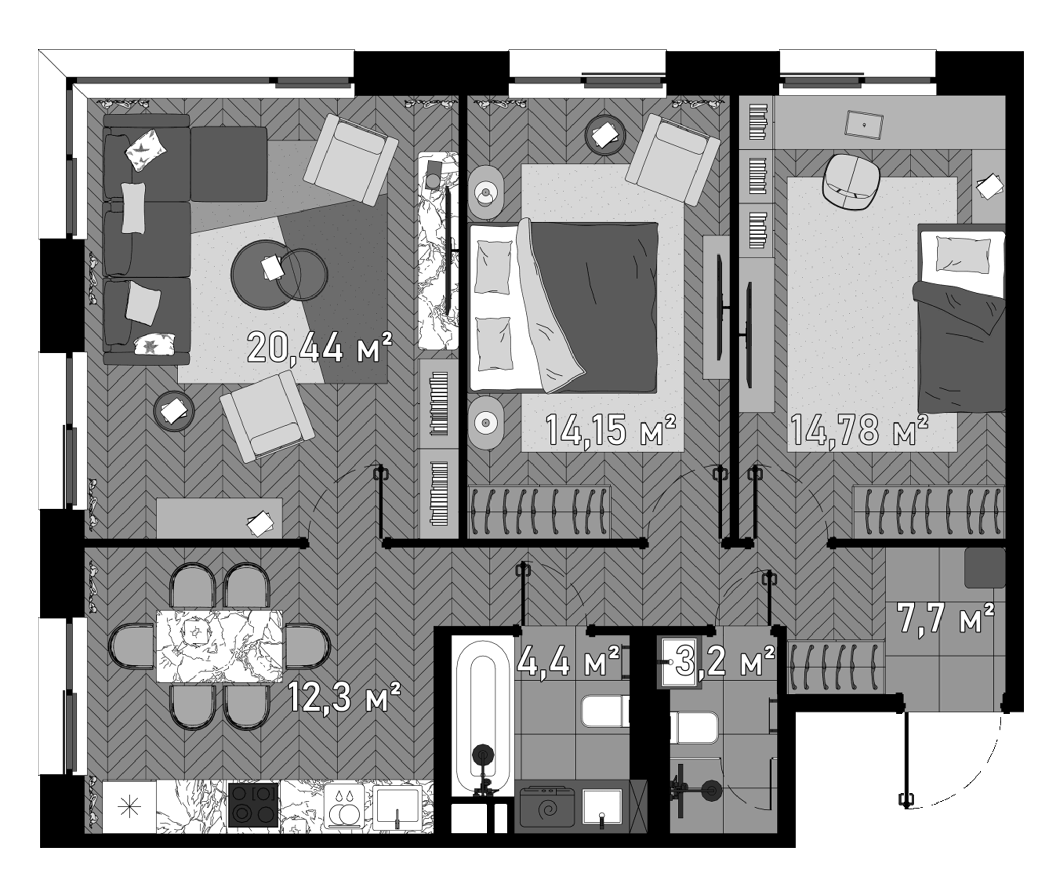 Планировка — Зорге, 9, 3-комн., 79 м²