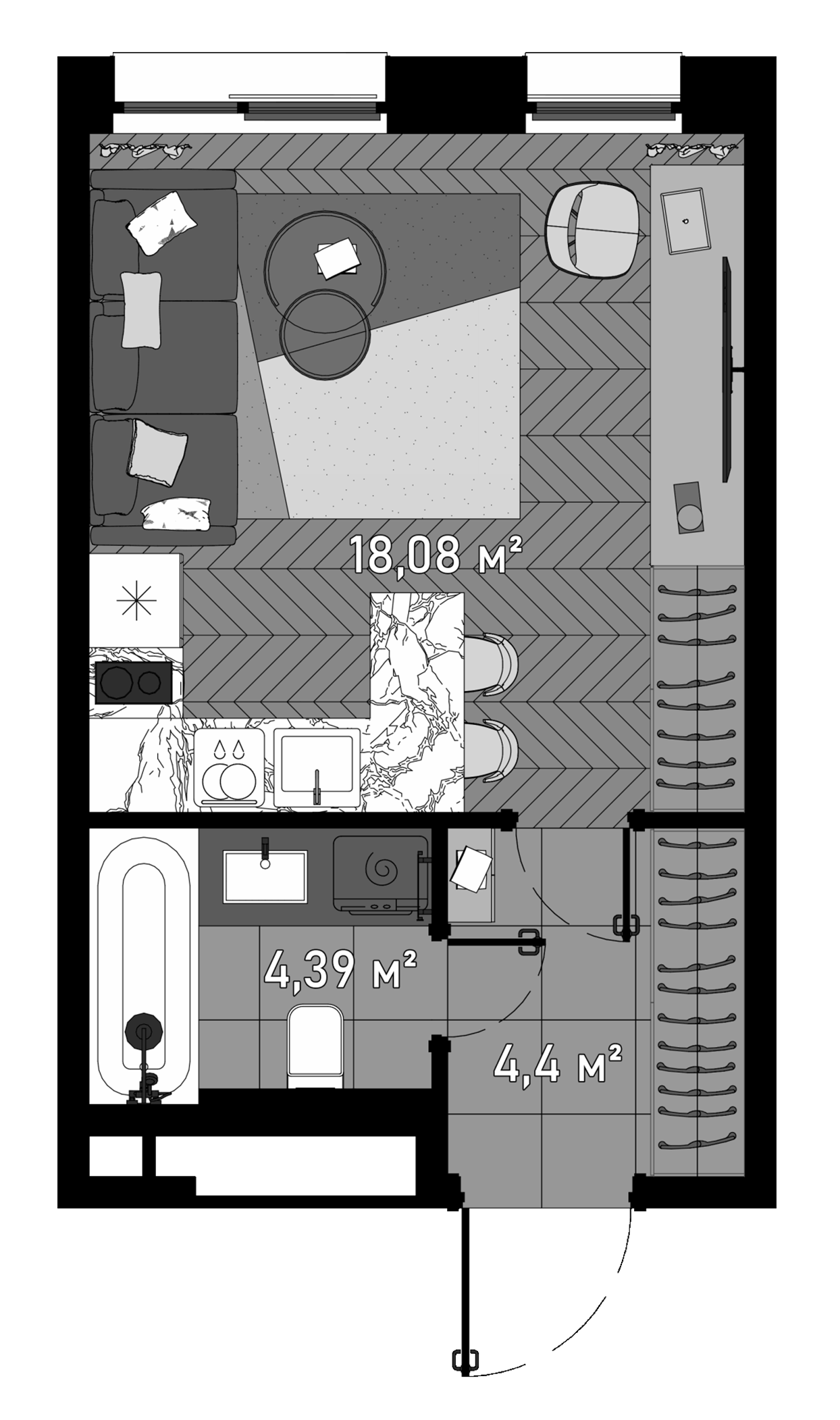 Планировка — Зорге, 9, Студия, 27 м²