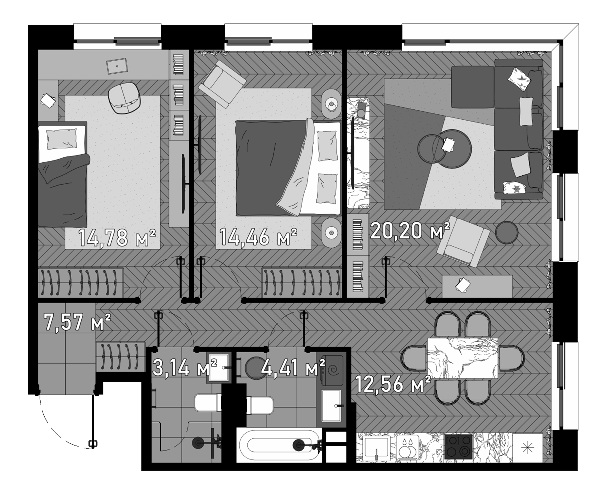 Планировка — Зорге, 9, 3-комн., 79 м²
