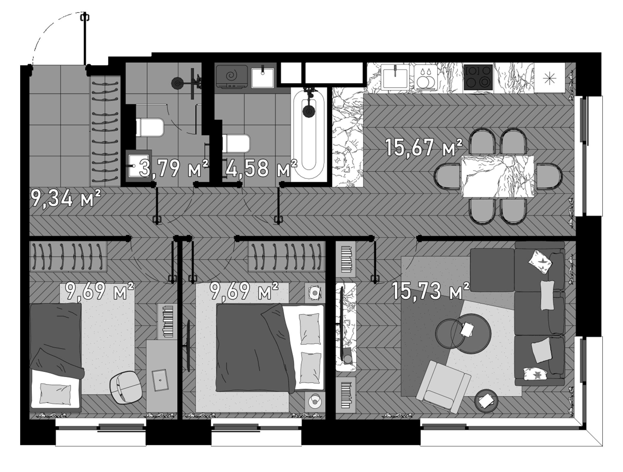 Планировка — Зорге, 9, 4-комн., 70 м²