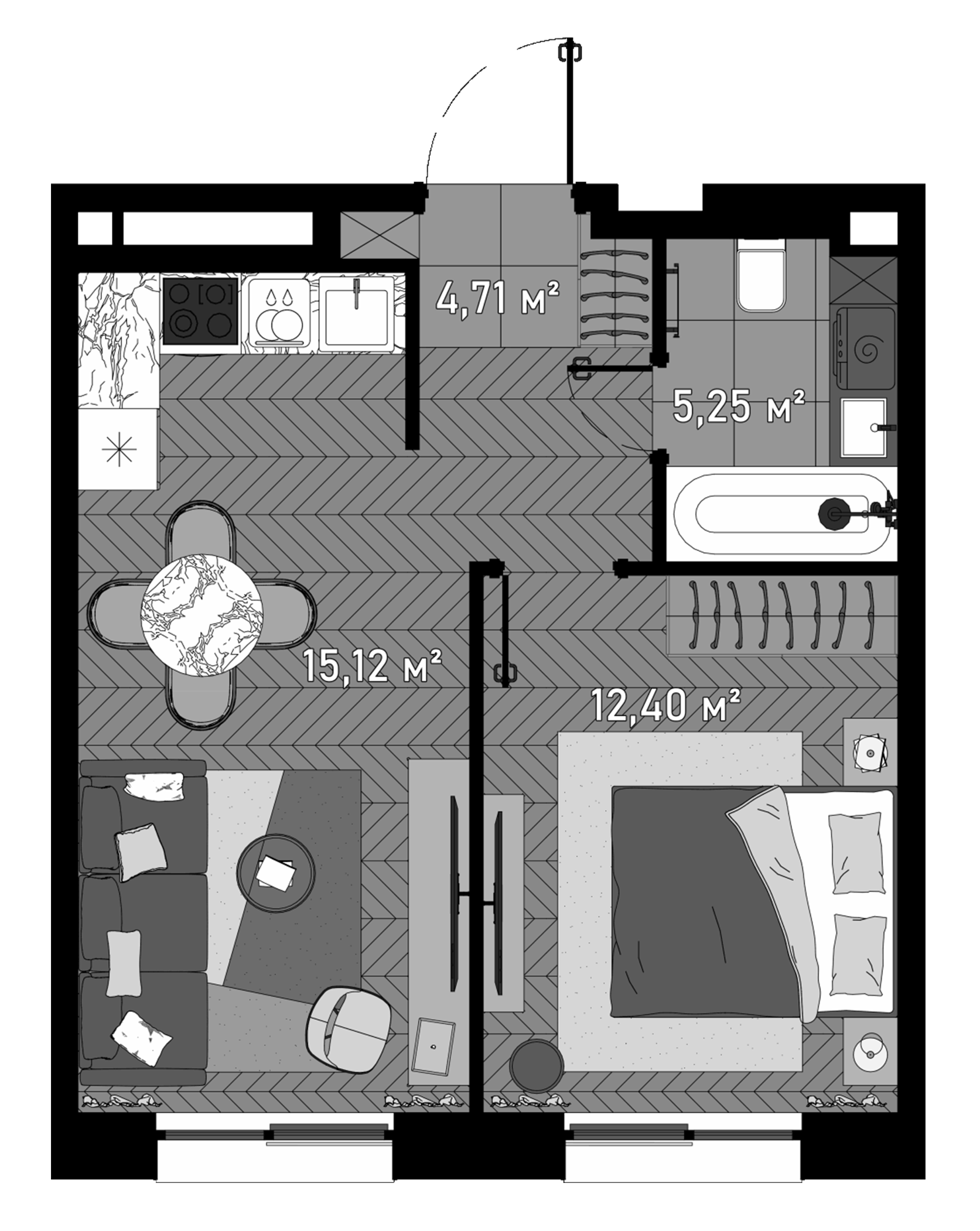Планировка — Зорге, 9, 2-комн., 38 м²