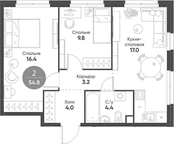 Планировка — Shagal, 3-комн., 55 м²