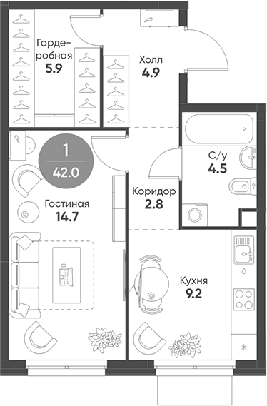 Планировка — Shagal, 1-комн., 42 м²
