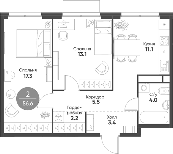 Планировка — Shagal, 2-комн., 57 м²