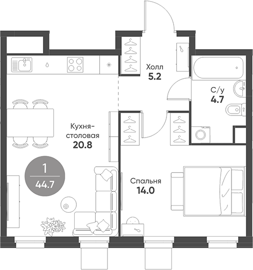 Планировка — Shagal, 2-комн., 45 м²
