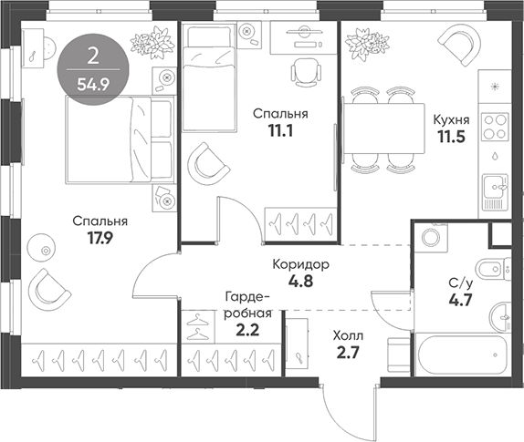 Планировка — Shagal, 2-комн., 55 м²