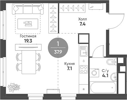 Планировка — Shagal, Студия, 38 м²