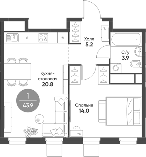 Планировка — Shagal, 2-комн., 44 м²