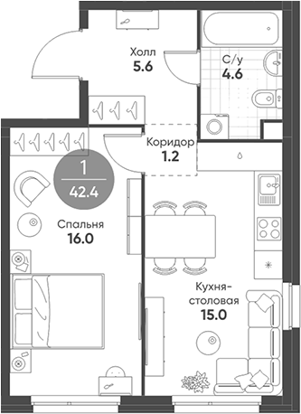 Планировка — Shagal, 2-комн., 42 м²