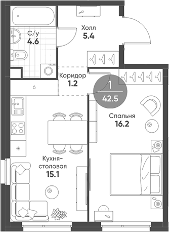 Планировка — Shagal, 2-комн., 43 м²