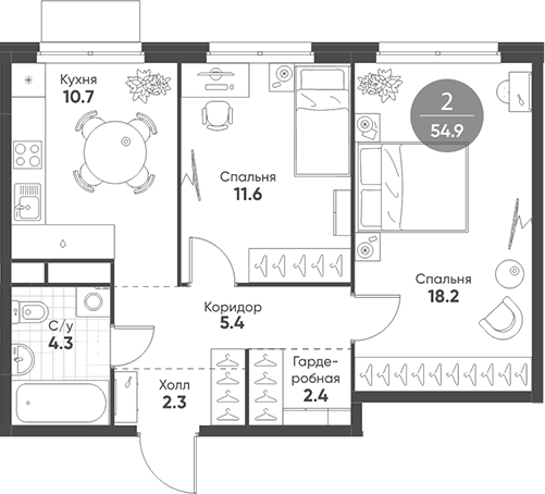 Планировка — Shagal, 2-комн., 55 м²