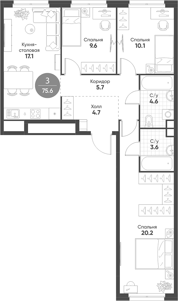 Планировка — Shagal, 4-комн., 76 м²